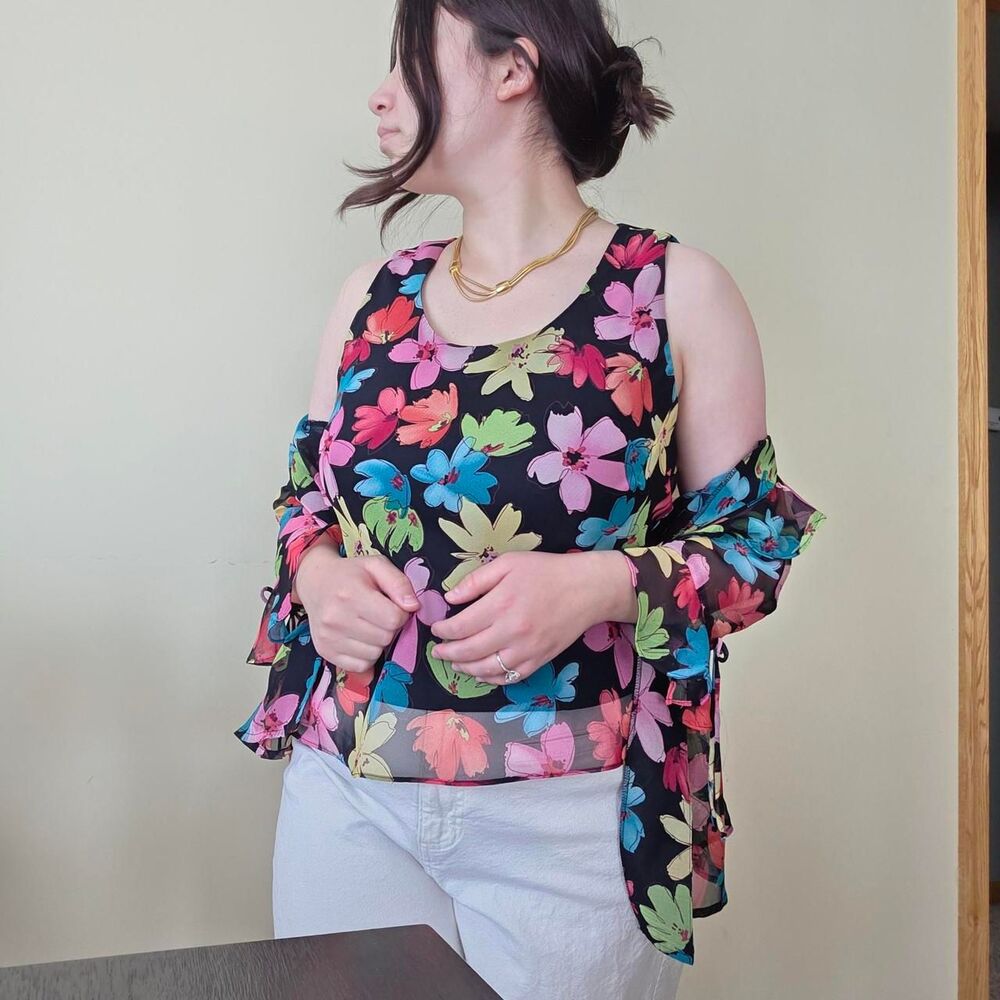 Vintage 80s sheer floral blouse and tank set
